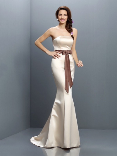 Trumpet/Mermaid Strapless Sash/Ribbon/Belt Sleeveless Long Satin Bridesmaid Dresses [50505]