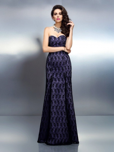 Trumpet/Mermaid Sweetheart Lace Sleeveless Long Satin Dresses