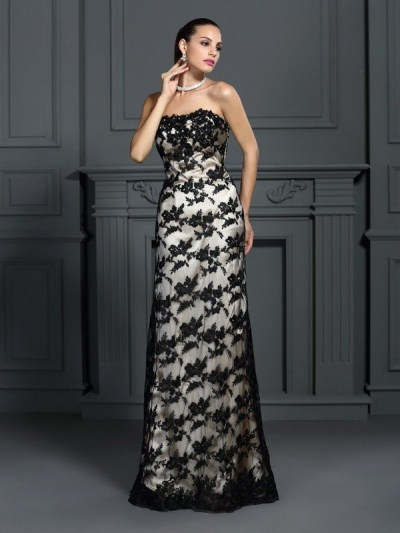 Sheath/Column Strapless Lace Sleeveless Long Elastic Woven Satin Dresses [50989]