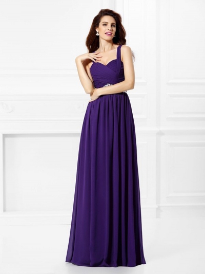 A-Line/Princess Sweetheart Beading Pleats Sleeveless Long Chiffon Dresses [51126]