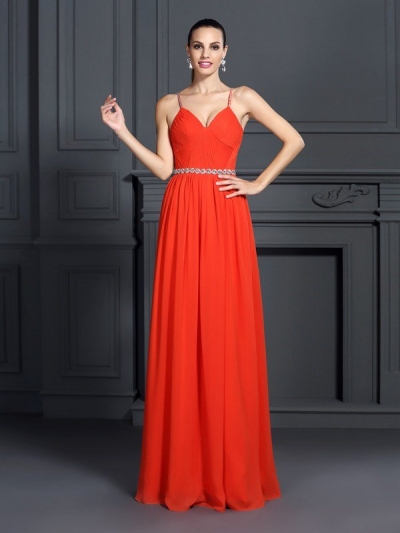 A-Line/Princess Spaghetti Straps Beading Sleeveless Long Chiffon Dresses [51128]