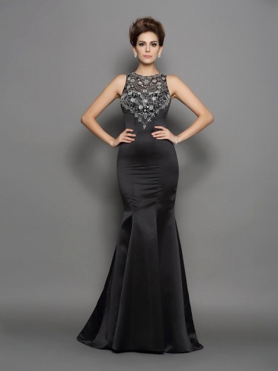 Trumpet/Mermaid Scoop Beading Sleeveless Long Satin Dresses [51159]