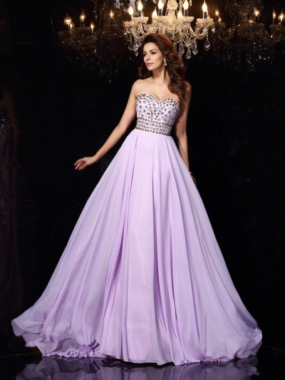 A-Line/Princess Sweetheart Beading Sleeveless Long Chiffon Dresses [51172]