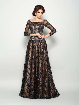 A-Line/Princess Off-the-Shoulder Lace 3/4 Sleeves Long Satin Mother of the Bride Dresses