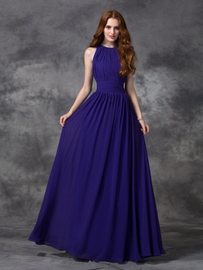 A-line/Princess Jewel Ruched Sleeveless Long Chiffon Bridesmaid Dresses [60004]