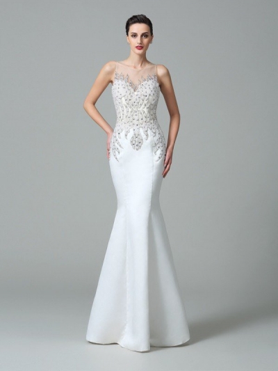 Trumpet/Mermaid Sheer Neck Applique Sleeveless Long Satin Dresses [60040]