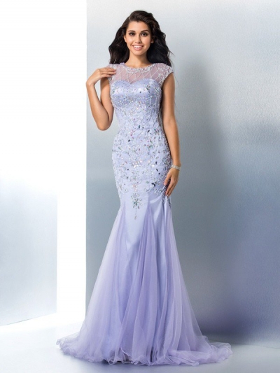 Trumpet/Mermaid Sheer Neck Beading Sleeveless Long Satin Dresses [60121]