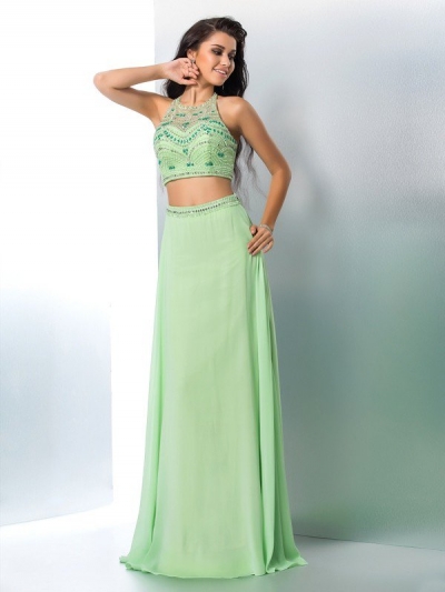 A-Line/Princess Halter Beading Sleeveless Long Chiffon Two Piece Dresses [60133]