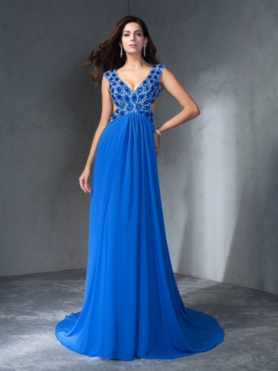 A-Line/Princess V-neck Sequin Sleeveless Long Chiffon Dresses [60201]