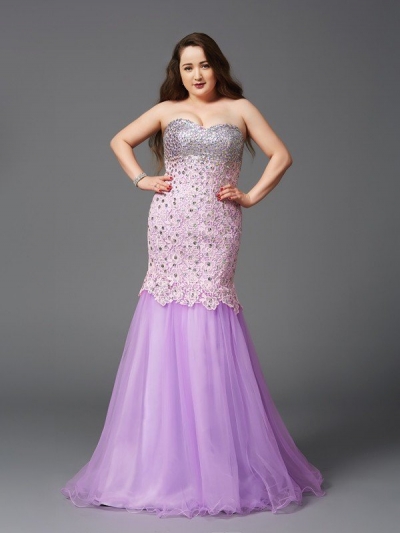 Trumpet/Mermaid Sweetheart Beading Sleeveless Long Net Plus Size Dresses [60209]