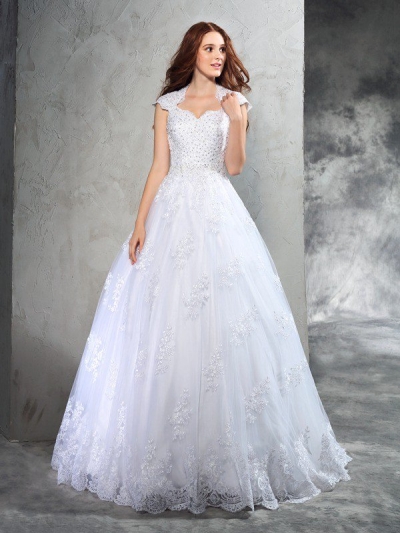 Ball Gown Sweetheart Lace Sleeveless Long Organza Wedding Dresses [60238]