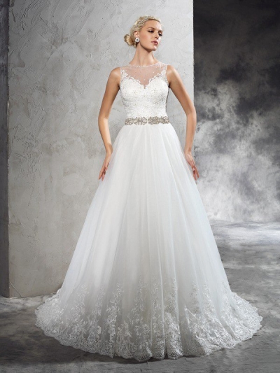 A-Line/Princess Sheer Neck Beading Sleeveless Long Net Wedding Dresses [60248]