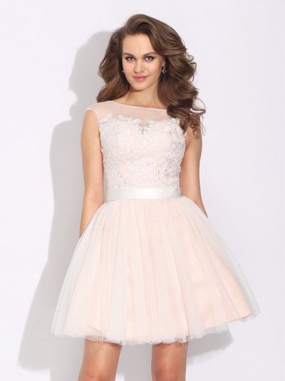 A-Line/Princess Bateau Ruffles Short Sleeves Short Net Dresses [60332]