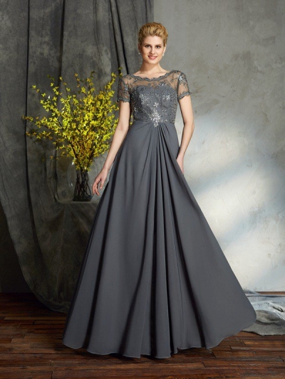 A-Line/Princess Scoop Applique Short Sleeves Long Chiffon Mother of the Bride Dresses [60501]