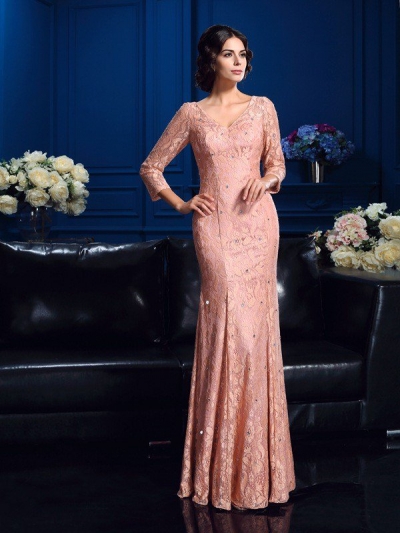 Sheath/Column V-neck Beading 3/4 Sleeves Long Lace Mother of the Bride Dresses [60538]