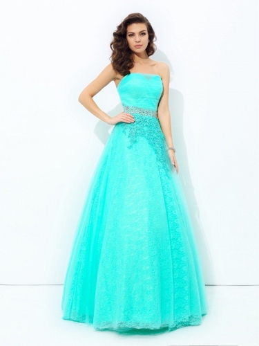 A-line/Princess Strapless Beading Sleeveless Long Elastic Woven Satin Dresses