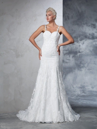 Trumpet/Mermaid Spaghetti Straps Lace Sleeveless Long Lace Wedding Dresses