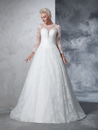 Ball Gown Jewel Lace Long Sleeves Long Lace Wedding Dresses [60692]