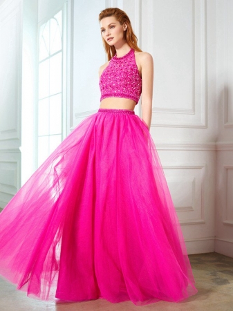 A-Line/Princess Halter Beading Sleeveless Net Floor-Length Two Piece Dresses