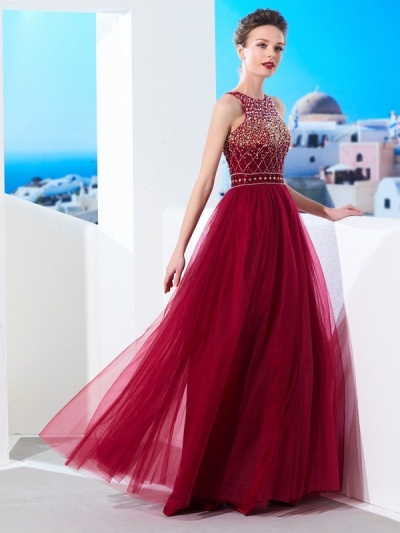 A-Line/Princess Scoop Sleeveless Floor-Length Beading Tulle Dresses [70030]