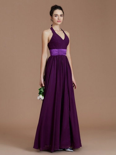 A-Line/Princess Halter Sleeveless Sash/Ribbon/Belt Floor-Length Chiffon Bridesmaid Dresses