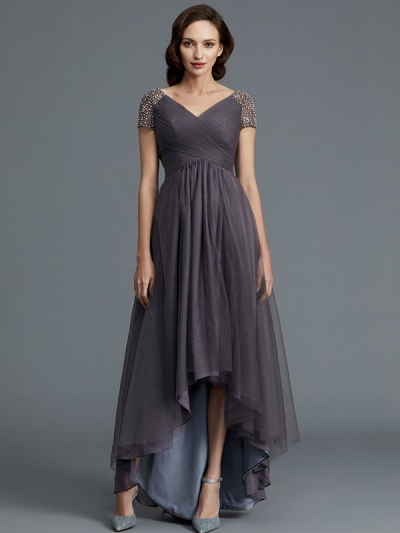 A-Line/Princess V-neck Short Sleeves Asymmetrical Tulle Mother of the Bride Dresses [73011]