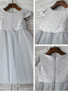 A-line/Princess Scoop Short Sleeves Sequin Floor-Length Tulle Flower Girl Dresses