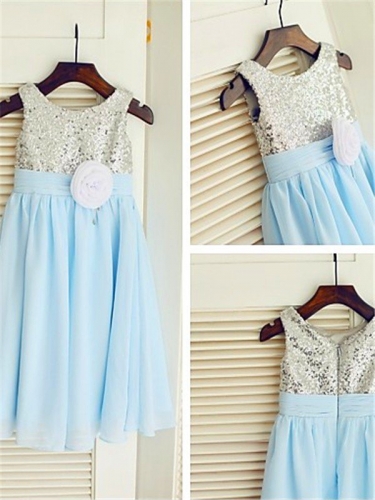 A-line/Princess Scoop Sleeveless Sequin Floor-Length Chiffon Flower Girl Dresses