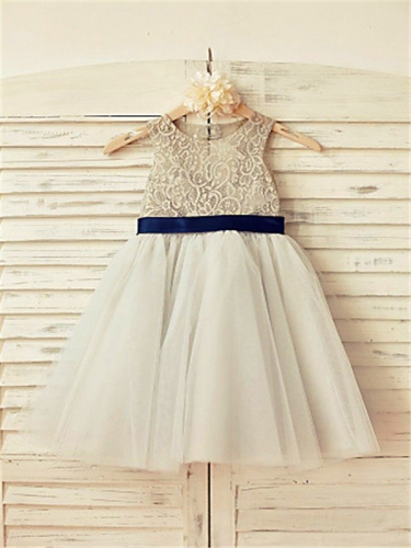 A-line/Princess Scoop Sleeveless Lace Tea-Length Tulle Flower Girl Dresses