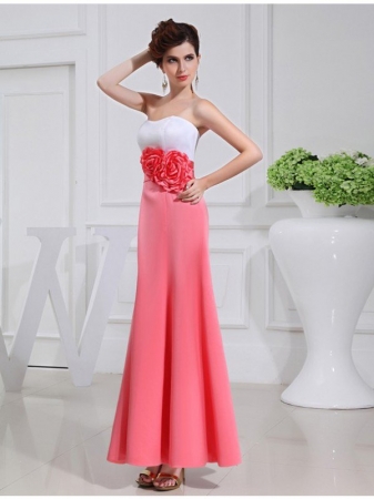 A-Line/Princess Hand-made Flower Sleeveless Satin Long Bridesmaid Dresses