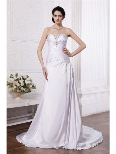 A-Line/Princess Strapless Sleeveless Beading Ruffles Long Silk like Satin Wedding Dresses