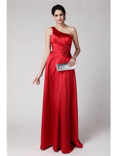 Sheath/Column One-Shoulder Sleeveless Pleats Hand-Made Flower Long Elastic Woven Satin Bridesmaid Dresses [N13ZYDRESS222]