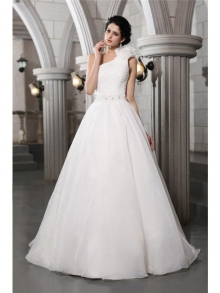 A-Line/Princess One-Shoulder Sleeveless Beading Long Organza Wedding Dresses