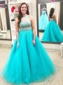 Ball Gown High Neck Sleeveless Beading Floor-Length Tulle Plus Size Dresses