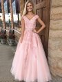 A-Line/Princess V-Neck Sleeveless Floor-Length Applique Tulle Dresses