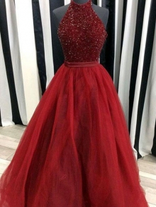 Ball Gown High Neck Sleeveless Floor-Length Beading Organza Dresses