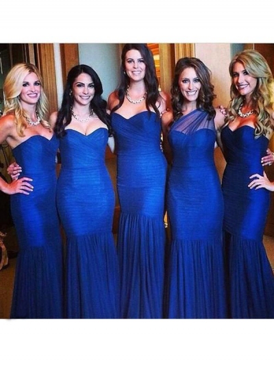 Trumpet/Mermaid Sweetheart Sleeveless Floor-Length Ruched Tulle Bridesmaid Dresses [PO16033PO585]