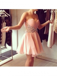 A-Line/Princess Sleeveless Sweetheart Beading Chiffon Short/Mini Dresses