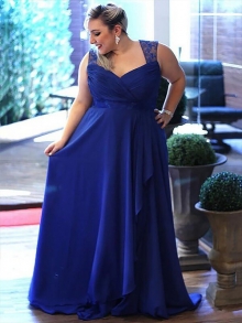 A-Line/Princess Sleeveless V-neck Lace Sweep/Brush Train Chiffon Plus Size Dresses