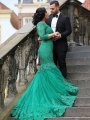 Trumpet/Mermaid V-neck Tulle Applique 3/4 Sleeves Sweep/Brush Train Plus Size Dresses