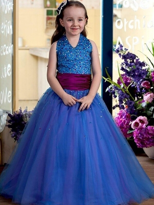 Ball Gown Halter Sleeveless Floor-Length Sequins Tulle Flower Girl Dresses