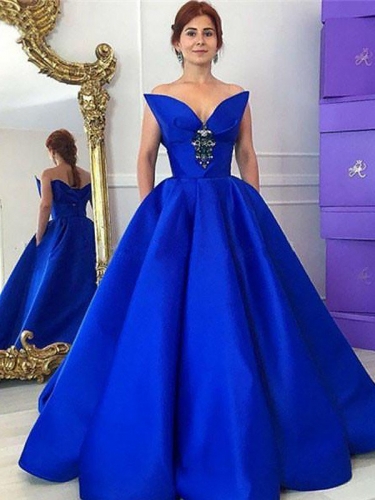 Ball Gown Sleeveless V-neck Ruffles Floor-Length Satin Dresses