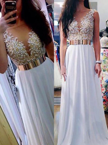 A-Line/Princess V-neck Sleeveless Floor-Length Beading Chiffon Dresses