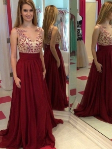 A-Line/Princess Bateau Sleeveless Applique Floor-Length Chiffon Dresses