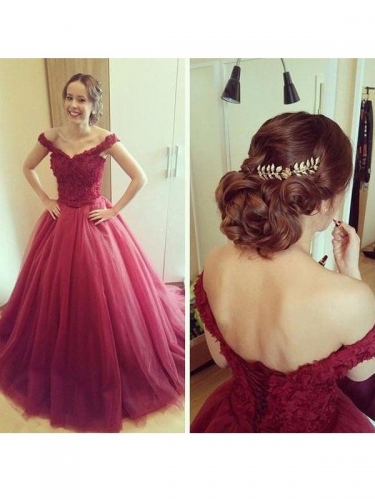 Ball Gown Off-the-Shoulder Applique Sleeveless Floor-Length Tulle Dresses