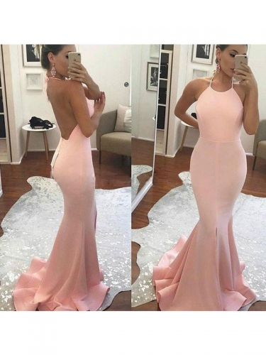 Trumpet/Mermaid Halter Sleeveless Satin Sweep/Brush Train Dresses