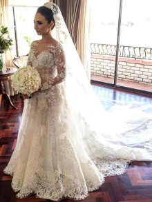 A-Line/Princess Bateau Long Sleeves Lace Chapel Train Tulle Wedding Dresses