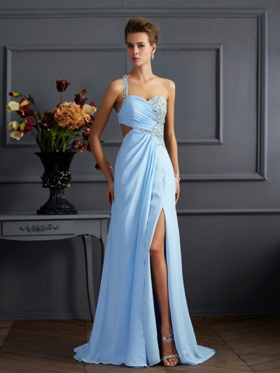 Sheath/Column One-Shoulder Sleeveless Long Beading Chiffon Dresses [40046]