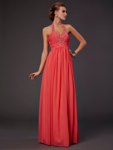 A-Line/Princess Halter Sleeveless Hand-Made Flower Long Chiffon Dresses