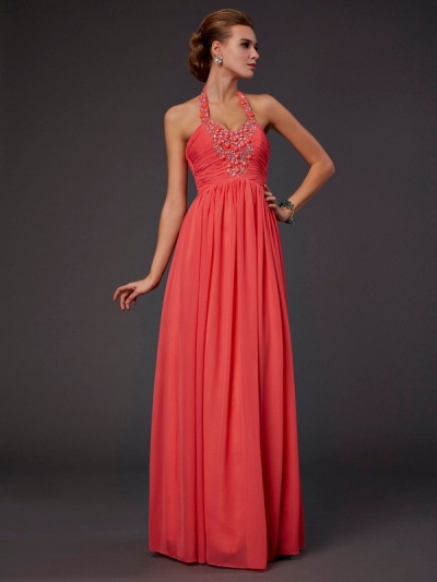 A-Line/Princess Halter Sleeveless Hand-Made Flower Long Chiffon Dresses [40071]